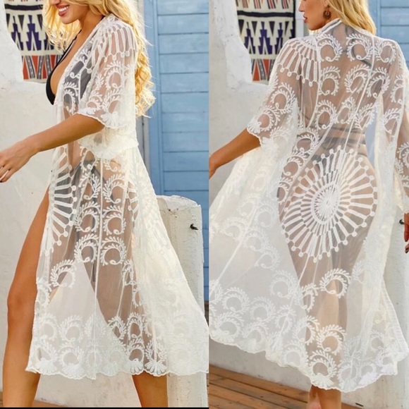 Other - Swimwear cover up kimono mesh lace New ivory